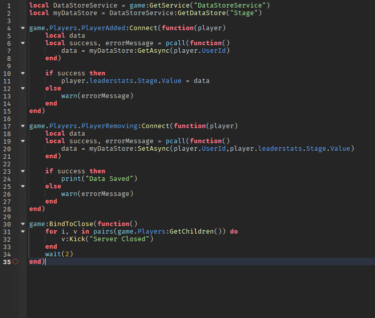 Screenshot of a basic data saving script